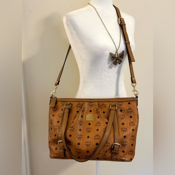 MCM Visetos LARGE with Strap Essentials Shopper Two way Tote Cognac - Picture 10 of 15
